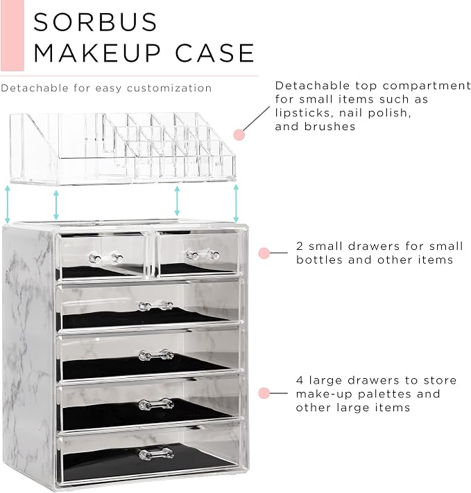 Sorbus Acrylic Makeup Organizer Set, 6-Drawer Vanity & Countertop Cosmetic Storage with Small & Wide Compartments, Marble Print Makeup Storage for Brushes, Jewelry – Holiday Gift for Women & Teens - Image 4