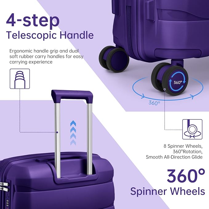 Carry On Luggage 22x14x9 Airline Approved, 22 Inch PP Hardshell Luggage Carry-on Suitcase with Spinner Wheels, Carry On Suitcase Set for Women(Purple) - Image 3