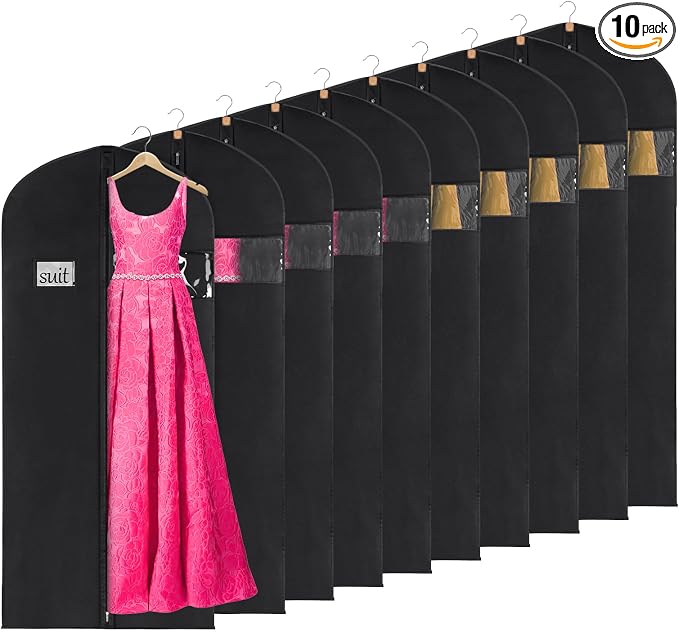 KEEGH 60'' Dress Bags for Gowns Long (Set of 10), Garment Bags for Hanging Clothes, Dress Bags for Closet Storage, Clothes Cover for Hanging Coats Dresses with Clear Window and Label Pocket, Black by KEEGH