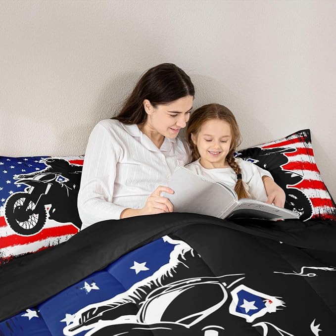 Dirt Bike Comforter Set King Motocross Comforter Retro American Flag Bedding Set for Kids Boys Teens Men Grunge Room Decor,Extreme Sports Tie Dye Bed Set Motor Biker Motorcycle Quilt Duvet Set 3 Pcs - Image 5