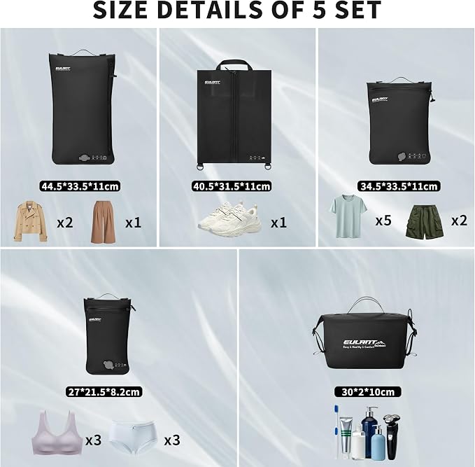 Eulant 5 Set Vacuum Packing Bags for Travel With Pump,Professional IPX8 Zip Packing Organizer for Suitcases Backpack,Space Saver Bags Packing Organizers for Clothing Packing(5 Set,Black) - Image 2