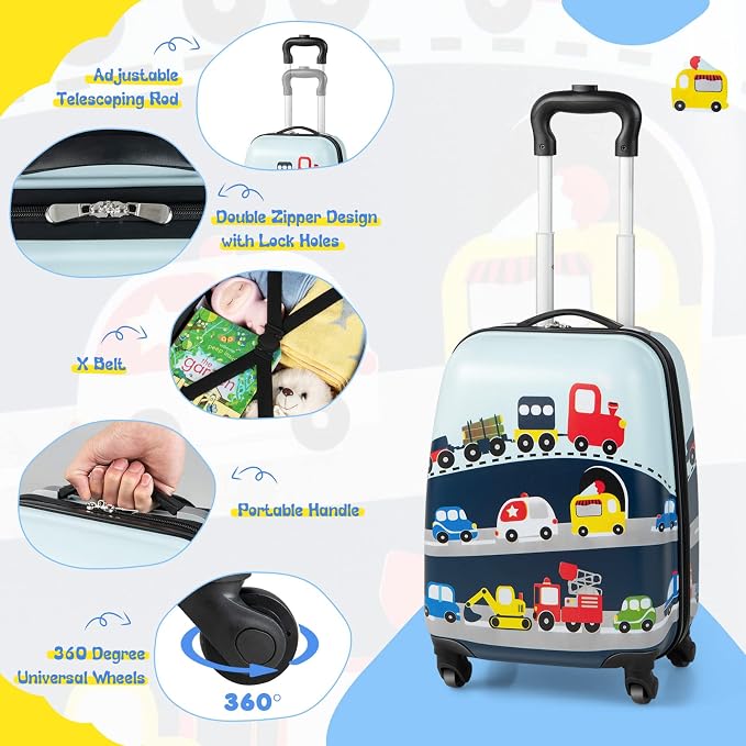 HONEY JOY Kids Luggage, 12" Toddler Backpack & 16" Travel Suitcase with Wheels, Lightweight Toddler Girls Suitcase, Durable ABS Hardshell, 2Pcs Carry On Luggage Set for Boys Girls(Car) - Image 6