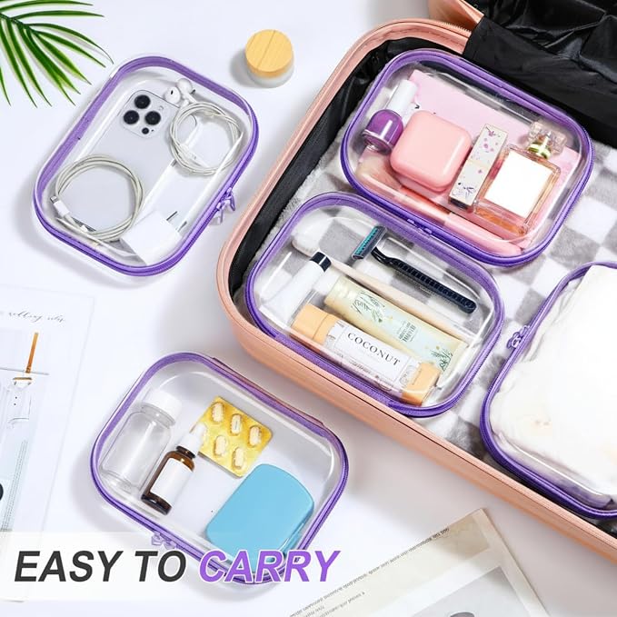 Sanwuta 6 Pcs Clear Hard Zipper Case Plastic Zipper Pouches Transparent Makeup Bag Pencil Case Pouches Toiletry Diaper Bag for Travel Toy Storage Organizer Bins(Purple,7.87 x 5.9 x 2 Inch) - Image 5