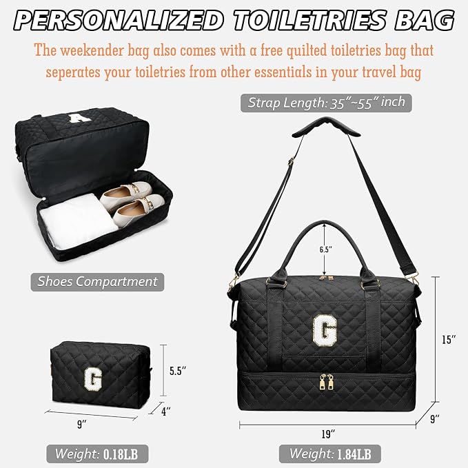 Gifts for Women Girls Birthday Initial Travel Duffle Bag Quilted Weekender Bags Carry-On Overnight with Cosmetic Bag, Gym Bag with Shoe Compartment, Black G - Image 7