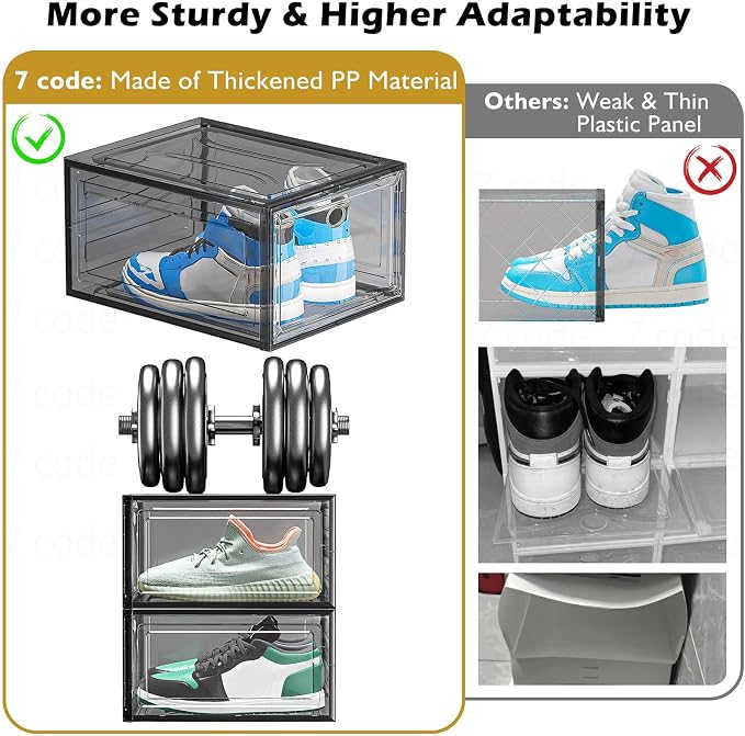 7 code Thicken & Sturdy Clear Shoe Storage Organizer with Magnetic Door, Stackable Boxes for Closet, Foldable Shoe Rack for Sneaker Boot Container, Plastic Shoe Cabinet Shoe Box 6 Pack, Black - Image 5