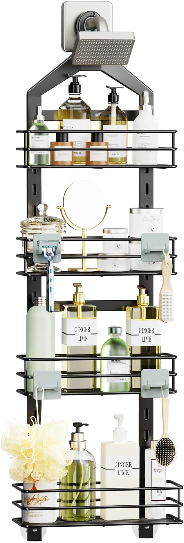 Orimade Adjustable Anti-slip Hanging Shower Caddy over Shower Head,Rustproof Bathroom Hanging shower Organizer with 4 Hooks for Razor,No Drilling Shower shelves Storage Rack,Black 4 Tier by Orimade