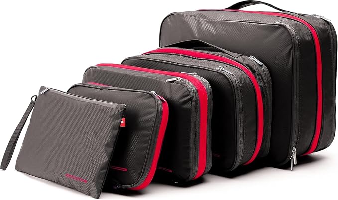 Bee Nesting BeeNesting Waterproof Compression Packing Cubes 5/6/8 sets, Large Travel Packing organizers for Carry on Luggage, 2 Sides Expandable Storage Bags (Grey Red, G5set) by BeeNesting