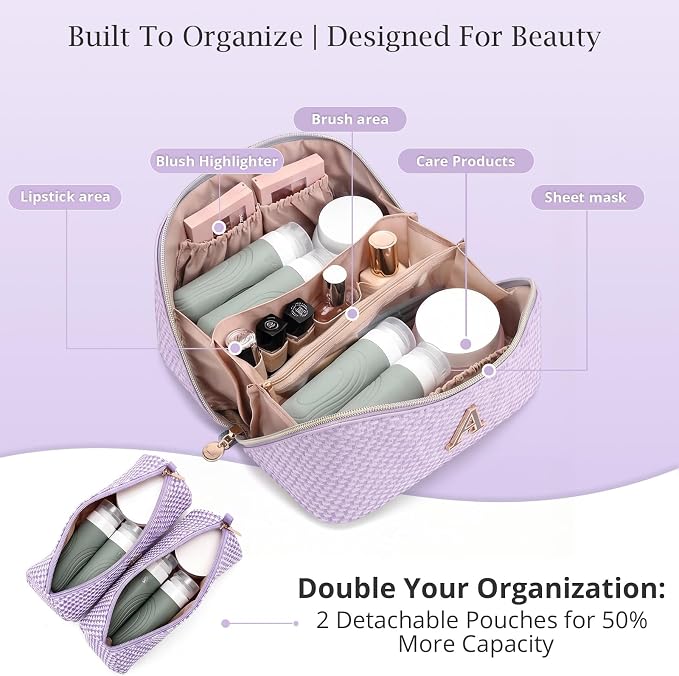 Personalized Gift Travel Makeup Bag: Initial Makeup Organizer Bag for Women | 3-in-1 Custom Make up Bag Set - Vegan Leather Travel Cosmetic Bag - Luxury Gift for Women – Birthday, Anniversary, Graduation - Image 3