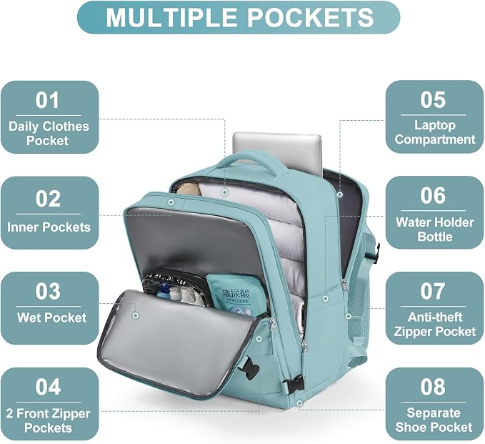 Large Travel Backpack Carry on Flight Approved Mochila De Viaje Carry on Backpack for Airplanes Spirit Airlines Personal Item Bag 18x14x8 Inches Travel Bag Traveling Backpack for Women Men Light Blue - Image 4