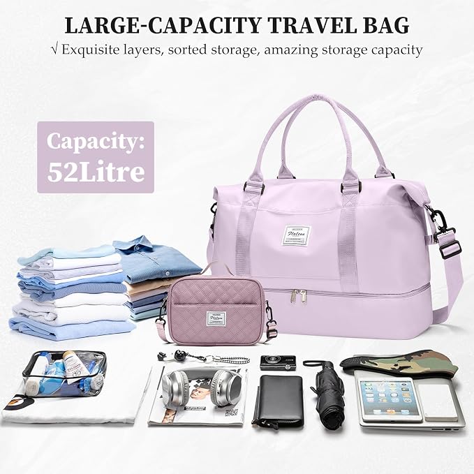 Weekender Bags for Women,Personal Item Travel Bag with Shoes Compartment | Overnight Travel Duffel Bag with Grid Toiletry Bag,Carry-On Bag - Image 3