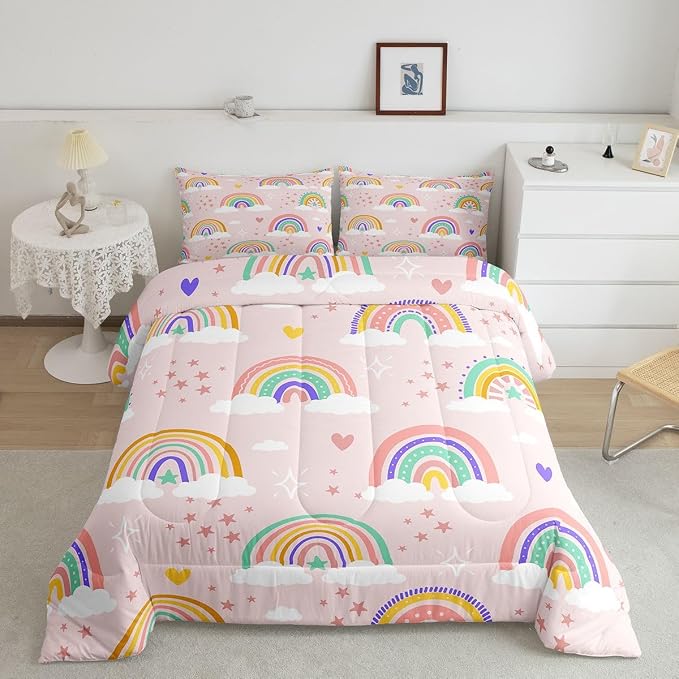 Erosebridal Girls Rainbow Bedding Set, Love Heart Comforter Set Twin Size for Kids Boys Children Cartoon Girly Bedding Comforters Iridescent Soft Microfiber Duvet Insert for Bedroom Decor, Pink - Image 2