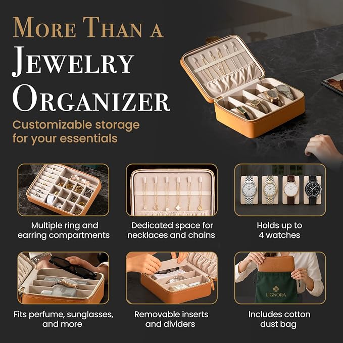 Jewelry Box for Travel – Premium Leather Jewelry Box for Women & Men with Gold-Tone Zipper Hardware, Multi-Compartment Jewelry Organizer, (Brown) - Image 4