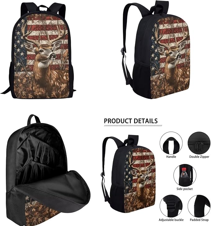 American Flag Backpack with Lunch Box Kids Girls 6-8/8-10 Hunting Deer Bookbags for 1st Grade and Lunch Bag Set Camo Elementary School Back Pack Lunchbox Pencil Case Water Bottle Holder - Image 2