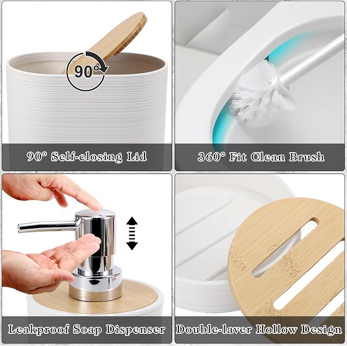 XLHOMO White Bathroom Set, White Bathroom Accessories Set with Trash Can, 2PCS Soap Dispensers, Soap Dish, Toothbrush Holder, Toothbrush Cup,Toilet Brush, Tray and Qtip Holders for Bathroom Decor - Image 3