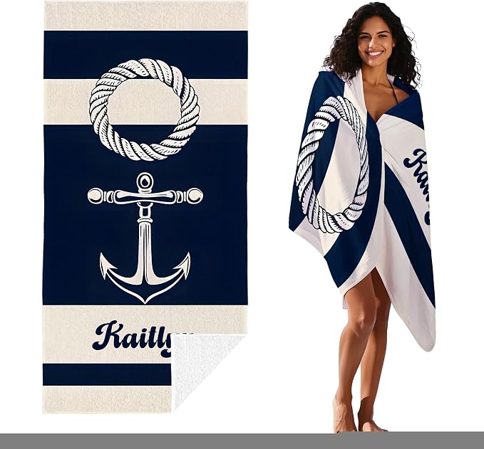 JML Personalized Beach Towel with Name, Custom Anchor Beach Towel, Customized Microfiber Pool Towel, Quick Dry & Absorbent Swim Towel for Adult,Mother's Day, Birthday, Summer Holiday,Vacation - Image 2