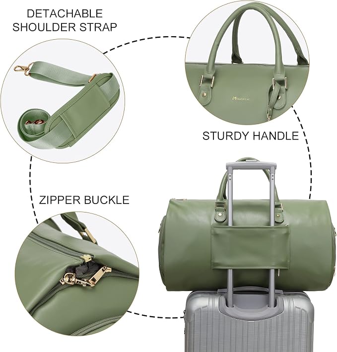 Modoker Women Convertible Leather Garment Bag with Shoulder Strap, PU Leather Garment Duffel Bag Carry on 2 in 1 Hanging Suitcase Suit Travel Bags, Green - Image 5