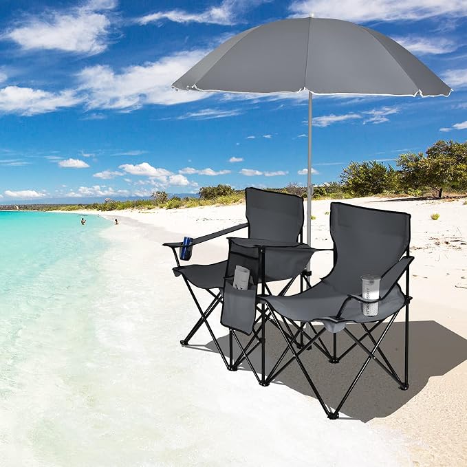 Goplus Double Camping Chair with Umbrella, Folding Loveseat Chairs w/Canopy Shade, Carrying Bag, Table, Cup Holder, Portable Beach Chairs Outdoor Picnic Patio (Grey) - Image 2