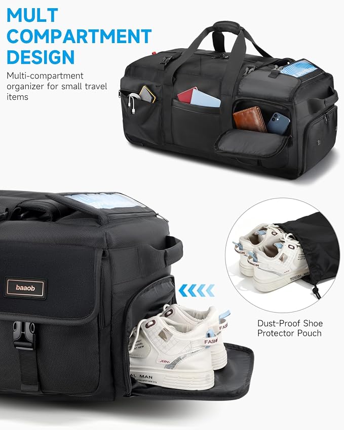 Foldable 90L Rolling Duffel Bag with Wheels, 4-in-1 Carry Water-resistant Travel Duffle with Shoe Compartment & Quick-Access Pockets, Multi-Purpose Bag for Camping, Hospital, Moving, Weekend Trips - Image 5