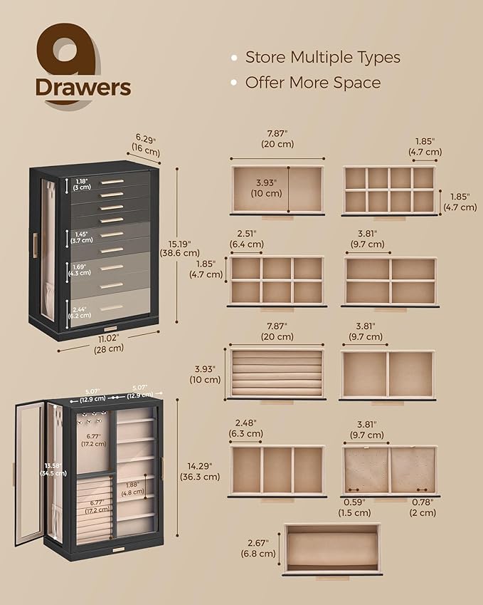 Glimmloop 360° Rotating Jewelry Box with 9 Drawers, Spacious Vertical Jewelry Organizer with Glass Window, Jewelry Storage Case, Dustproof & Moisture-resistant Design, Black - Image 5