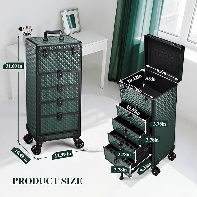 Yueieoun Nail Salon Cart with 4 Drawers,Rolling Makeup Train Case for Beauty,Cosmetology Case on Wheels Trolley Cart,Lockable Organizer Travel Case for Manicure/Face Painting/Hairstylist,DARK GREEN - Image 6
