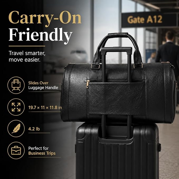 Garment Bag for Travel, Convertible Suit Garment Bag for Men, Stylish Carry On Garment Bag with Shoulder Strap, 2 in 1 Foldable PU Leather Garment Duffle Bag Suit Travel Bag for Men, Black - Image 4