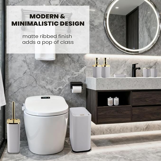 XLHOMO 9-Piece Light Gray Bathroom Accessories Set - Modern Vertical Stripe Decor with Slim Wastebasket, Soap Dispenser & Toothbrush Set - Neutral Bath Organization Kit - Image 6