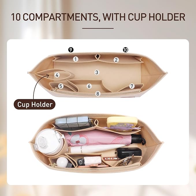 Felt Purse Organizer Insert with Zipper, Tote Bag Organizer with Base Shaper, Fits for lv Neverfull PM, City 30 and More,Lightweight Bag Dividers for Women Luxury Tote HandBags,M/Beige - Image 3