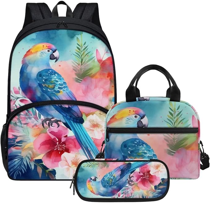 Blue Floral Bird Parrot Backpack Set for Girls Kids Lightweight Cute School Backpack with Lunch Box Pencil Case Adjustable Strap Padded Book Bag Insulated Lunch Bag by Parprinty