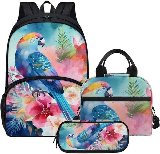Blue Floral Bird Parrot Backpack Set for Girls Kids Lightweight Cute School Backpack with Lunch Box Pencil Case Adjustable Strap Padded Book Bag Insulated Lunch Bag by Parprinty