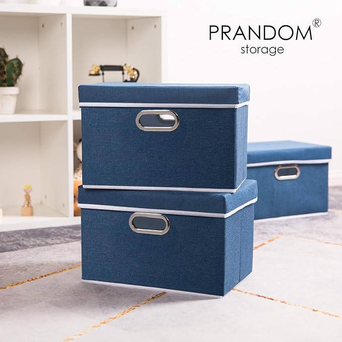 PRANDOM Foldable Storage Bin with Lid [5-Pack] Linen Fabric Decorative Storage Box Organizer Container Basket Cube with Handles Divider for Closet Office Living Room Royal Blue(14.9x9.8x9.8) - Image 2