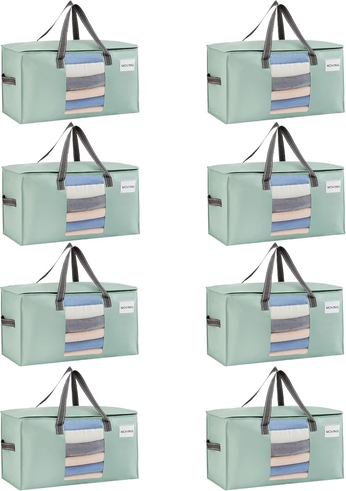 VENO 8 Pack Heavy Duty Moving Bags, Clothes and Comforter Storage Bags with Clear Window, College Dorm Essentials Packing Supplies, Foldable Boxes Alternative (Light Green Matte, 8 Pack) by Veno