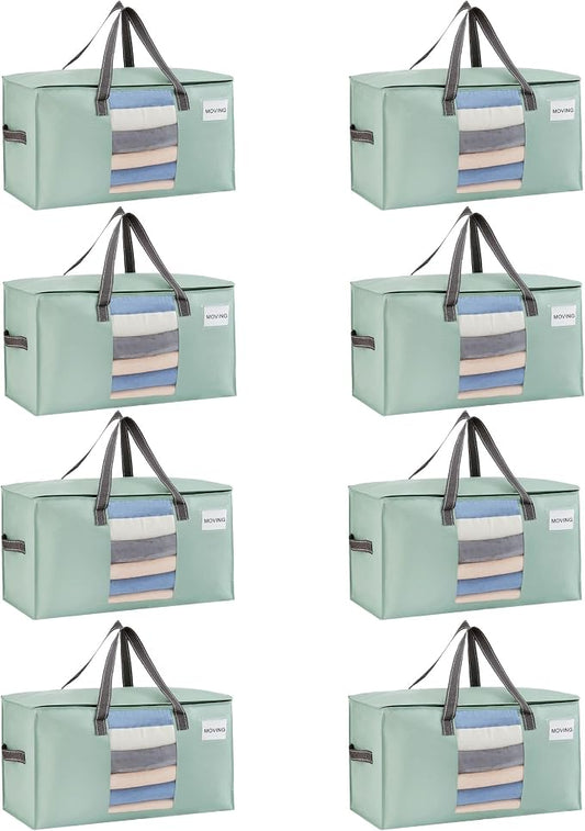 VENO 8 Pack Heavy Duty Moving Bags, Clothes and Comforter Storage Bags with Clear Window, College Dorm Essentials Packing Supplies, Foldable Boxes Alternative (Light Green Matte, 8 Pack) by Veno