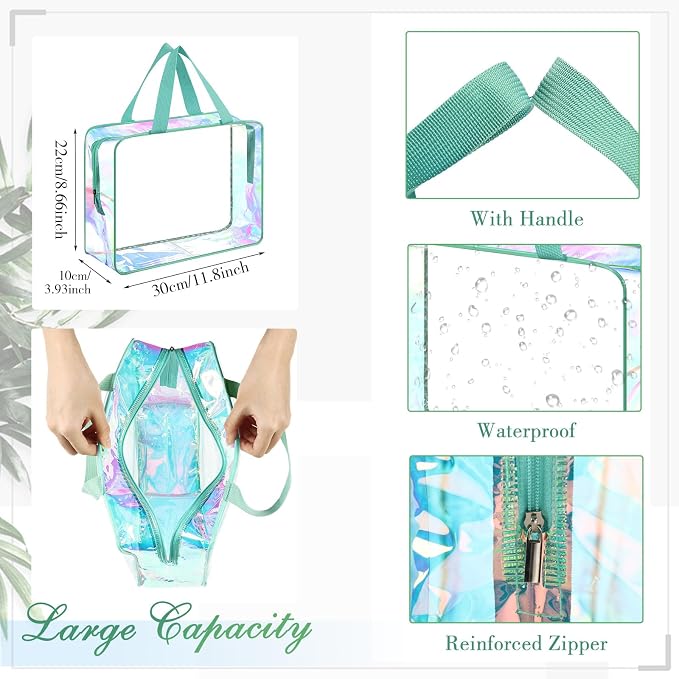 Sweetude 10 Pcs Large Clear Toiletry Bag with Handle Large Capacity Travel Iridescent Beach Makeup Bag PVC Clear Plastic Tote Punch Cosmetic Clothes Storage Organizer for Women Men (Turquoise) - Image 3