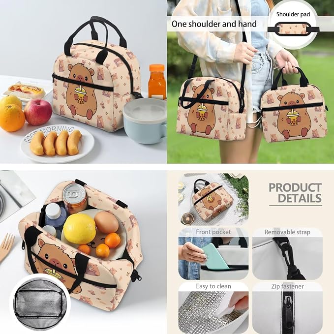 Capybara Milk Tea Backpack for School, Girls School Bags with Water Bottle Carrier Lunch Boxes Pencil Cases for Kids Student Bag Daypack Set 4 in 1 - Image 4