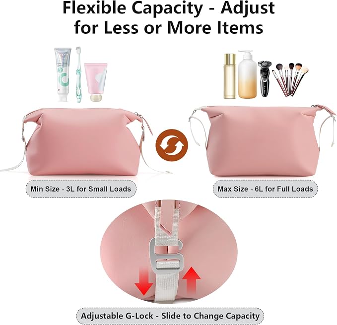 Vomgomfom 6L 13 Inch Silicone Toiletry Bag, Waterproof Leakproof Travel Cosmetic Organizer, Adjustable G-Buckle Compression Dopp Kit, Foldable Makeup Bag for Women & Men (Pink, 13" 6L) - Image 3