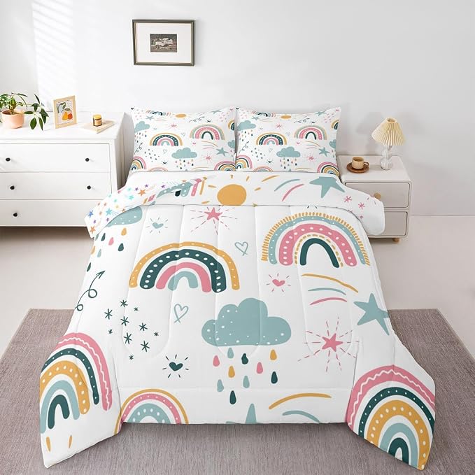 Erosebridal Rainbow Twin Bedding Sets for Girls, Sun and Stars Comforter Set Cartoon Style Cloud Quilt for Kids Boys Children Women Bedroom Decor, Hand Drawn Iridescent Duvet Insert by Erosebridal