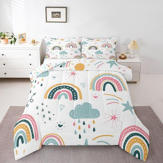Erosebridal Rainbow Twin Bedding Sets for Girls, Sun and Stars Comforter Set Cartoon Style Cloud Quilt for Kids Boys Children Women Bedroom Decor, Hand Drawn Iridescent Duvet Insert by Erosebridal