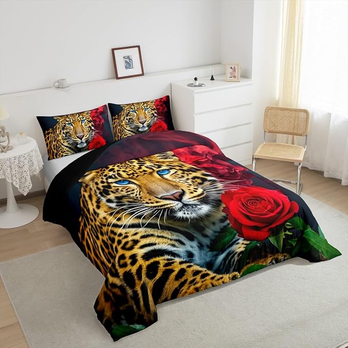 Erosebridal Leopard Bedding Set, Red Rose Cheetah Comforter Set Full Size for Kids Teens Adult Women Bedroom, African Safari Animal Duvet Sets Romantic Flower Down Comforter, Brown - Image 6