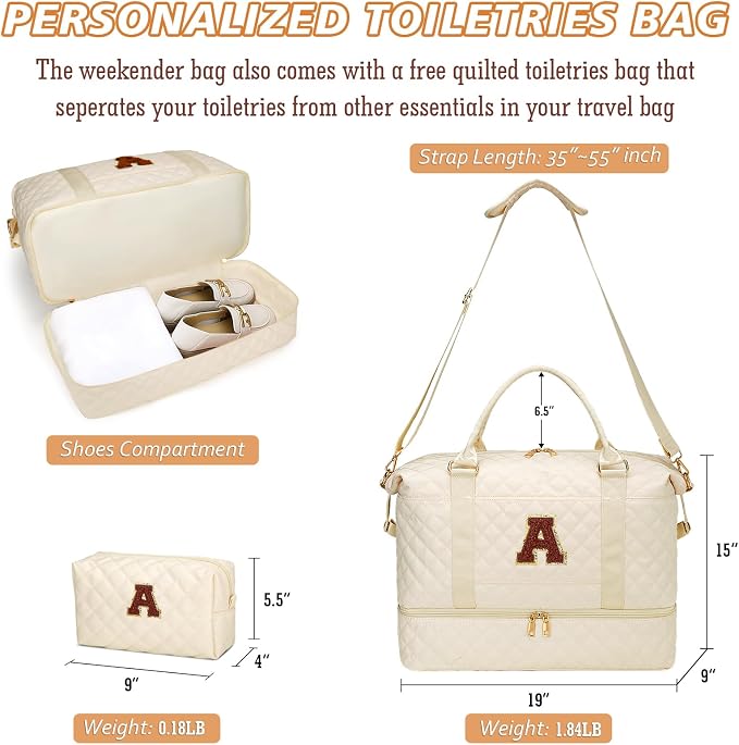 Gifts for Women Initial Travel Duffle Bag Quilted Weekender Bags Carry-On Overnight with Cosmetic Bag, Gym Bag with Shoe Compartment Hospital Bag for Women Labor Delivery, Beige-A - Image 6
