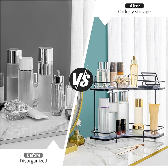 Seoneiro 2 Tier Corner Bathroom Counter Organizer, Cosmetic Skincare Organizer, Bathroom Countertop Perfume Tray Vanity Organizer, Kitchen Spice Corner Storage Shelf - Image 2
