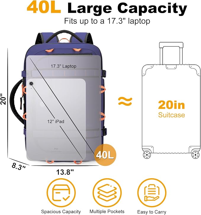 40L Travel Backpack 17.3" Laptop Carry On Duffel Flight Approved | TSA Approved, Wet & Dry Compartment, Water Resistant, Anti-Theft Pocket, Luggage Strap, USB Charging Port - Image 5