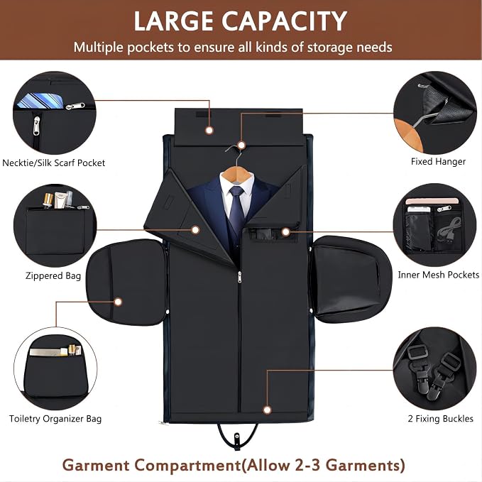 Garment Bag for Travel, Convertible Carry on Garment Duffel Bag for Men 3Pcs Weekender Bag 2 in 1 Hanging Suitcase Suit Bag - Image 4