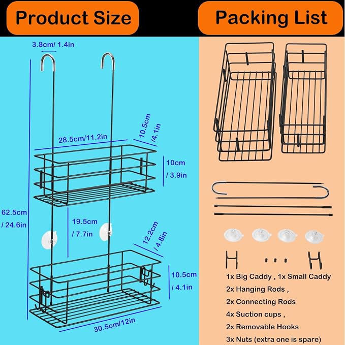 Shower Organizer Hanging Shower Caddy with Rotatable Hook bar Over the Door and Can be Hung on the Faucet or Claw Foot, Stainless Steel Rust Proof and Durable （Black） - Image 6