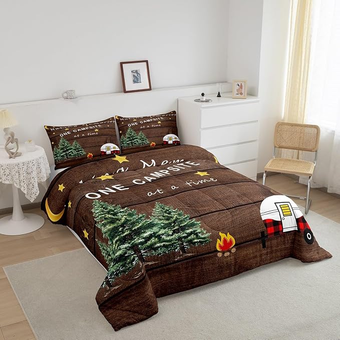 Erosebridal Camping Comforter Set for Kids Boys Girls,Camper Bedding Twin Size,Vintage Happy Camping Comforter for Youth Bedroom Decor,Rustic Tree Wooden Barn Door Down Comforter with 1 Pillowcase - Image 2