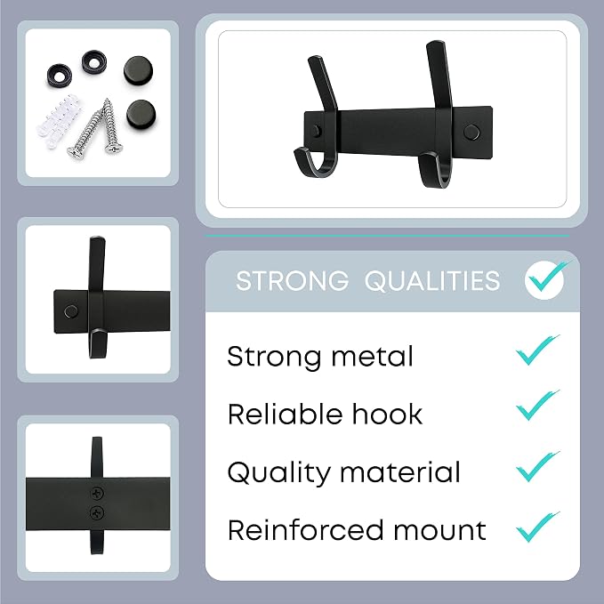 Coat Rack Wall Mount – 6 Inch Stainless Steel Small Hook Rail with 2 Double Coat Hooks for Hanging – Wall Mounted Entryway Organizer for Coats, Hats, Bags, Towels, Robes, Bedroom or Bathroom - Black - Image 3