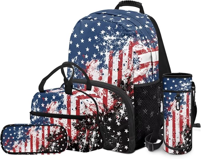 American Flag Backpack for Boys 4 Pack School Bag Rucksack with Reusable Lunch Bag Water Bottle Carrier Bag Pencil Case Set - Image 2