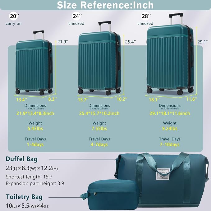 Merax 3 Piece Luggage Sets, Hardside Lightweight Carry on Suitcase | Durable Expandable Luggage with Travel Bags Spinner Wheels and TSA Lock,Dark Green - Image 2