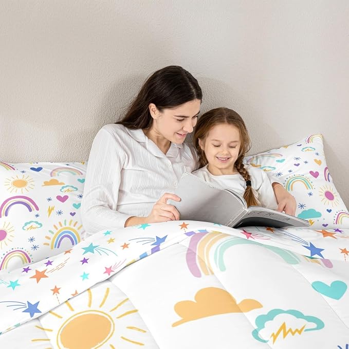 Erosebridal Rainbow Comforter Set, Sun Cloud Stars Duvet Insert King Size Hand Drawn Iridescent Duvet Sets, Love Heart Cartoon Quilted Duvet for Kids Girls Boys Children Women Bedroom Decor - Image 5