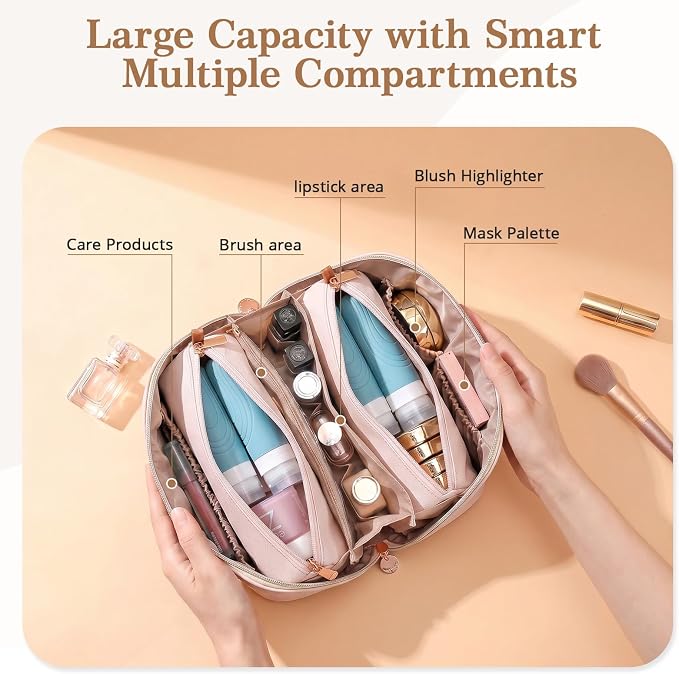 Travel Makeup Bag for Women: 3-in-1 Large Capacity Cosmetics Organizer with 2 Detachable Pouch - Vegan Leather Flat Open Toiletry Bag - Travel Essentials for Full-Sized Bottles(White) - Image 3