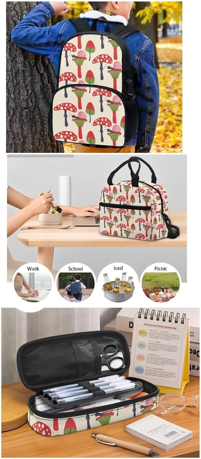 Beige Red Mushroom Backpack with Lunch Box and Pencil Case Girls Comfy Padded Cute School Backpack Set of 3 Bookbag for Student Lightweight Large Capacity Daypack - Image 5